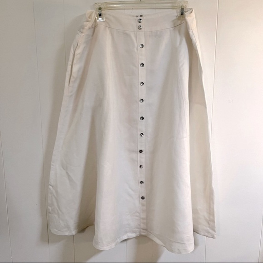White buttoned long mid-calf length midi skirt cotton blend and linen plus size